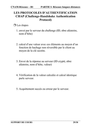 CNAM-Réseaux – B1          PARTIE I- Réseaux longues distances

  LES PROTOCOLES D’AUTHENTIFICATION
   CHAP (Challenge-Handshake Authentication
                  Protocol)
  r Les étapes
    1. envoi par le serveur du challenge (ID, nbre aléatoire,
       nom d’hôte)


    2. calcul d’une valeur avec ces éléments au moyen d’un
       fonction de hachage non réversible par le client au
       moyen de la clé secrète.


    3. Envoi de la réponse au serveur (ID crypté, nbre
       aléatoire, nom d’hôte, valeur)


    4. Vérification de la valeur calculée et calcul identique
       parle serveur.


    5. Acquittement succès ou erreur par le serveur.




SUPPORT DE COURS                                         29/30
 