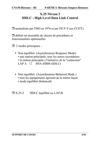 CNAM-Réseaux – B1           PARTIE I- Réseaux longues distances

                  X.25 Niveau 2
        HDLC - High Level Data Link Control


r normalisée par l'ISO en 1976 et par l'IUT-T (ex CCITT)

r définit un ensemble de classes de procédures et
fonctionnalités optionnelles

r 2 modes principaux :

  • Non équilibré (Asynchronous Response Mode)
    • une station principale, tous les autres secondaires
    • la station principale à l'initiative de la "connexion"
    LAP A           SNA d'IBM (SDLC)


  • Non équilibré (Asynchronous Balanced Mode )
    • tous les équipements agissent de la même façon
    • mode équilibré (balanced)


r X.25-2       HDLC équilibré ou LAP-B




SUPPORT DE COURS                                               4/30
 