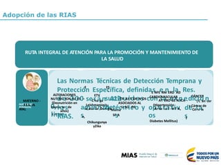 NFERMEDAD
NFECCIOSAS
RUTA INTEGRAL PARA LA PROMOCIÓN Y MANTENIMIENTO DE LA SALUD
Adopción de las RIAS
Las Normas Técnicas de Detección Temprana y
E ES
Protección
I
Espec- ífica, definidaEsNFEeRMnERDlaAD Res.
412
ALTERACIONES ETV CÁNCER
NUTdRICeION2AL0ES0–
0,
seCrhaágan
s,
sustitTRuASiTdORaNsOSconAlTaEROeGÉxNpICAe-dic(iCóánncer
deMama
CARDIOVASCULAR
MATERNO -
MATPEERRNOIN-
ATAL
(Desnutrición en
menlooresde
lcinncoe
ASOCIADOS AL
Leishmaniosis, (Hipertensión
aMmalaireian,Detnogu
se,
Chikungunya
yZika
técUnSOicDEo
SPsA
y opAreteriaal -tHiTvA,
os
Diabetes Mellitus)
deCélrvaix
s)
y Cáncer dePERINATAL
años)
RIAS.
RUTA INTEGRAL DE ATENCIÓN PARA LA PROMOCIÓN Y MANTENIMIENTO DE
LA SALUD
 