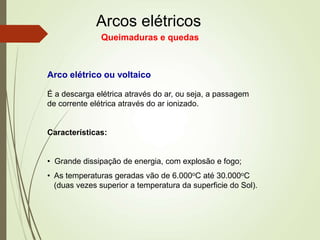 Arcos elétricos
Queimaduras e quedas
É a descarga elétrica através do ar, ou seja, a passagem
de corrente elétrica através do ar ionizado.
Características:
• Grande dissipação de energia, com explosão e fogo;
• As temperaturas geradas vão de 6.000oC até 30.000oC
(duas vezes superior a temperatura da superficie do Sol).
Arco elétrico ou voltaico
 
