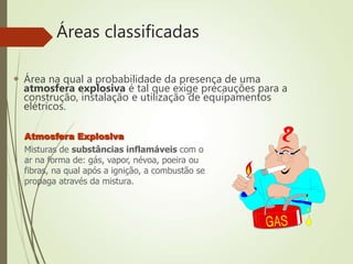Áreas classificadas
 Área na qual a probabilidade da presença de uma
atmosfera explosiva é tal que exige precauções para a
construção, instalação e utilização de equipamentos
elétricos.
Atmosfera Explosiva
Misturas de substâncias inflamáveis com o
ar na forma de: gás, vapor, névoa, poeira ou
fibras, na qual após a ignição, a combustão se
propaga através da mistura.
 