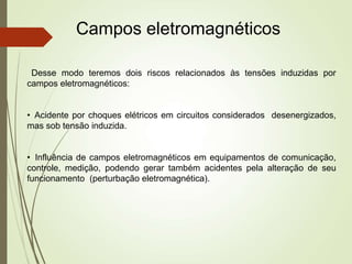 Campos eletromagnéticos
Desse modo teremos dois riscos relacionados às tensões induzidas por
campos eletromagnéticos:
• Acidente por choques elétricos em circuitos considerados desenergizados,
mas sob tensão induzida.
• Influência de campos eletromagnéticos em equipamentos de comunicação,
controle, medição, podendo gerar também acidentes pela alteração de seu
funcionamento (perturbação eletromagnética).
 