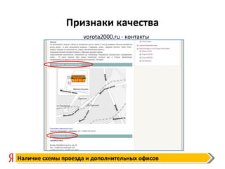 Признаки качества Наличие схемы проезда и дополнительных офисов vorota2000.ru -  контакты 