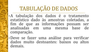 TABULAÇÃO DE DADOS
• A tabulação dos dados é o tratamento
estatístico dado às amostras coletadas, a
fim de que as informações possam ser
analisadas em uma mesma base de
comparação.
• Deve se fazer uma análise para verificar
dados muito destoantes: baixos ou altos
demais.
 