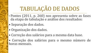 TABULAÇÃO DE DADOS
• Pontes (2011, p. 260) nos apresenta sobre as fases
da etapa de tabulação e análise dos resultados:
• Separação dos dados.
• Organização dos dados.
• Correção dos salários para a mesma data base.
• Correção dos salários para o mesmo número de
horas mensais.
 