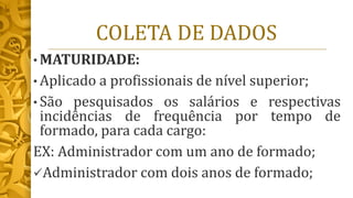 COLETA DE DADOS
• MATURIDADE:
• Aplicado a profissionais de nível superior;
• São pesquisados os salários e respectivas
incidências de frequência por tempo de
formado, para cada cargo:
EX: Administrador com um ano de formado;
✓Administrador com dois anos de formado;
 