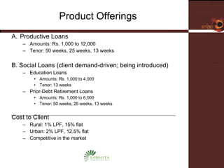 Product Offerings A. Productive Loans Amounts: Rs. 1,000 to 12,000 Tenor: 50 weeks, 25 weeks, 13 weeks B. Social Loans (client demand-driven; being introduced) Education Loans  Amounts: Rs. 1,000 to 4,000 Tenor: 13 weeks Prior-Debt Retirement Loans Amounts: Rs. 1,000 to 6,000 Tenor: 50 weeks, 25 weeks, 13 weeks Cost to Client Rural: 1% LPF, 15% flat Urban: 2% LPF, 12.5% flat Competitive in the market 