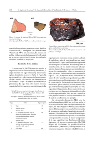 M. Sepúlveda, B. Arriaza, V. G. Standen, H. Rousselière, E. Van Elslande, C. M. Santoro y P. Walter242
reacción fisicoquímica pasa de un estado líquido a
sólido (Jia-Sun y Cunningham 1991; Plesters 1956;
Wachowiak 2004). En ese estado, las resinas son
pulidas cuidadosamente hasta alcanzar el borde lateral
de la muestra, para posteriormente ser analizadas
mediante las técnicas propuestas.
Resultados de los Análisis
La muestra 26 (M.26) presenta, desde la
superficie hacia el interior del recubrimiento, 5
capas visibles con lupa binocular y microscopio
óptico, de distintos espesores (Tabla 1; Figura 3),
de composiciones más o menos similares en cuanto
al tipo, tamaño y formas de los componentes e
inclusiones. La capa 1 es un fino recubrimiento de
pintura roja. La capa 2 de color marrón presenta
grandes inclusiones negras en una matriz marrón. La
capa 3 presenta inclusiones negras similares, además
de inclusiones rojas de gran tamaño en una matriz
marrón clara. La capa 4 manifiesta una composición
más homogénea en términos del tamaño y color de
las inclusiones, en una matriz semejante a la capa
anterior. La capa 5 muestra nuevamente inclusiones
negras de gran tamaño y grises en una matriz de
color gris-negro. En esta muestra destacan, entre las
capas 2-3 y 3-4, la presencia de dos microestratos de
granos de color amarillo correspondientes a posibles
restos de pintura recubiertas por capas más oscuras
de color marrón. Estas pudieron constituir capas
distintas de aplicaciones decorativas superficiales
que posteriormente quedaron recubiertas por otras
capas de arcilla y pinturas. Estos microestratos, sin
embargo, no son claramente distinguibles con las
técnicas aquí empleadas. Para precisar e identificar
estas posibles interfaces sería recomendable el uso
de análisis synchrotron, por ejemplo.
En este estudio, la muestra M.26 solo fue
analizada mediante µDRX, de modo de probar la
técnica de difracción sobre este tipo de muestras. En
efecto, los difractogramas obtenidos inicialmente
fueron difíciles de precisar dada la heterogeneidad
de las muestras analizadas y la variedad de minerales
presentes. Sin embargo, fue posible identificar para
la totalidad de la muestra la presencia de hematita,
correspondiente sin duda al mayor componente
de la capa superficial roja. También, se identificó
abundante calcita, cuarzo y manganita (MnOOH)
(Figura 4). Finalmente, fue posible identificar
criptomelana (KMn8O16), correspondiente a un
mineral de manganeso utilizado, indudablemente, en
Figura 2. Anverso de muestras M.26 y M.27 observadas por
microscopio óptico.
Front of samples M.26 and M.27 observed by optical microscope.
Tabla 1. Resumen descriptivo de capas identificadas en
M.26 (ARI-8), desde la superficie hacia el interior del
recubrimiento.
Descriptive summary of identified layers of M.26 (ARI-8),
from the surface into the coating.
Capa Color Espesor (µm)
1 Rojo 35
2 Marrón oscuro 90
3
Marrón claro.
En la superficie de esta capa se
observan grandes granos amarillos
correspondientes a una posible
antigua decoración
180
4
Marrón claro.
En la superficie de esta capa
se observan los mismos granos
amarillos de la capa 3
175
5 Gris-negro 500
Figura 3. Corte transversal de M.26 observada por microscopia
óptica con luz blanca polarizada.
Transversal cut of M.26 observed by optical microscope with
polarized white light.
 