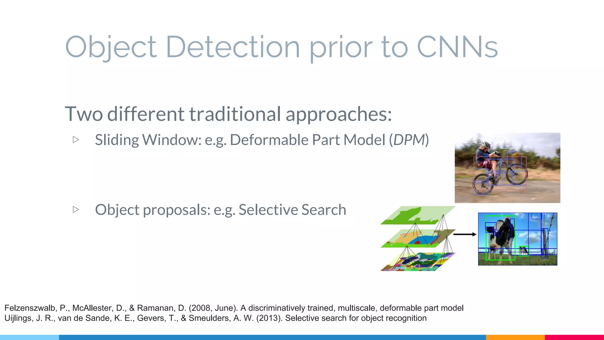 Object Detection prior to CNNs
Two different traditional approaches:
▷ Sliding Window: e.g. Deformable Part Model (DPM)
▷ Object proposals: e.g. Selective Search
Felzenszwalb, P., McAllester, D., & Ramanan, D. (2008, June). A discriminatively trained, multiscale, deformable part model
Uijlings, J. R., van de Sande, K. E., Gevers, T., & Smeulders, A. W. (2013). Selective search for object recognition
 
