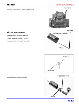 CRF230F                                                          SISTEMA DE ALIMENTAÇÃO

                                                                           PARAFUSOS
Instale os três parafusos e aperte-os em seguida.




                                                                                PRESILHA
VÁLVULA DO ACELERADOR
                                                            VÁLVULA DE ACELERAÇÃO
Instale a presilha da agulha na agulha.

Posição padrão da presilha: 3ª ranhura

Instale a agulha na válvula de aceleração.




                                                                     AGULHA




                                                                          PRESILHA




                                                    3ª RANHURA



                                                                  BRAÇO DE CONEXÃO
Instale a mola no braço de conexão.




                                                          MOLA


                                                                                    5-13
 