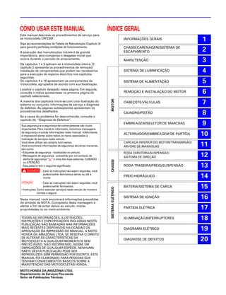 COMO USAR ESTE MANUAL                                             ÍNDICE GERAL
Este manual descreve os procedimentos de serviço para
as motocicleta CRF230F.
Siga as recomendações da Tabela de Manutenção (Capítulo 3)
                                                                                      INFORMAÇÕES GERAIS                      1
para garantir perfeitas condições de funcionamento.                                   CHASSI/CARENAGEM/SISTEMA DE
A execução das manutenções iniciais é de grande                                       ESCAPAMENTO                             2
importância, pois compensa o desgaste inicial que
ocorre durante o período de amaciamento.
Os capítulos 1 e 3 aplicam-se à motocicleta inteira. O
                                                                                      MANUTENÇÃO                              3
capítulo 2 apresenta os procedimentos de remoção/
instalação de componentes que podem ser necessários
para a execução de reparos descritos nos capítulos
                                                                                      SISTEMA DE LUBRIFICAÇÃO                 4
seguintes.
Os capítulos 4 a 18 apresentam os componentes da
motocicleta, agrupados de acordo com sua localização.
                                                                                      SISTEMA DE ALIMENTAÇÃO                  5
Localize o capítulo desejado nesta página. Em seguida,
consulte o índice apresentado na primeira página do                                   REMOÇÃO E INSTALAÇÃO DO MOTOR           6
capítulo selecionado.




                                                                   MOTOR
A maioria dos capítulos inicia-se com uma ilustração do
sistema ou conjunto, informações de serviço e diagnose
                                                                                      CABEÇOTE/VÁLVULAS                       7
de defeitos. As páginas subseqüentes apresentam os
procedimentos detalhados.
Se a causa do problema for desconhecida, consulte o
                                                                                      CILINDRO/PISTÃO                         8
capítulo 20, “Diagnose de Defeitos”.
Sua segurança e a segurança de outras pessoas são muito
                                                                                      EMBREAGEM/SELETOR DE MARCHAS            9
importantes. Para mantê-lo informado, incluímos mensagens
de segurança e outras informações neste manual. Infelizmente,
é impossível alertar sobre todos os riscos associados à
                                                                                      ALTERNADOR/EMBREAGEM DE PARTIDA         10
realização de serviços neste veículo.
Você deve utilizar seu próprio bom-senso.                                             CARCAÇA INFERIOR DO MOTOR/TRANSMISÃO/
Você encontrará informações de segurança de várias maneiras,                          ÁRVORE DE MANIVELAS                     11
tais como:
• Etiquetas de segurança - localizadas no veículo.                                    RODA DIANTEIRA/SUSPENSÃO/
• Mensagens de segurança - precedido por um símbolo de
  alerta de segurança “!” e uma das duas palavras, CUIDADO
                                                                                      SISTEMA DE DIREÇÃO                      12
                                                                   CHASSI




  ou ATENÇÃO.
  Esta palavra tem o seguinte significado:                                            RODA TRASEIRA/FREIO/SUSPENSÃO           13
c : Caso as instruções não sejam seguidas, você
    poderá sofrer ferimentos sérios ou até a
    morte.
                                                                                      FREIO HIDRÁULICO                        14
a                 : Caso as instruções não sejam seguidas, você
                    poderá sofrer ferimentos.                                         BATERIA/SISTEMA DE CARGA                15
                                                                   SISTEMA ELÉTRICO




• Instruções: Como executar serviços neste veículo de maneira
              correta e segura.

Neste manual, você encontrará informações precedidas
                                                                                      SISTEMA DE IGNIÇÃO                      16
do símbolo de NOTA. O propósito desta mensagem é
alertar a fim de evitar danos ao veículo, outras
propriedades ou ao meio-ambiente.
                                                                                      PARTIDA ELÉTRICA                        17
TODAS AS INFORMAÇÕES, ILUSTRAÇÕES,
INSTRUÇÕES E ESPECIFICAÇÕES INCLUÍDAS NESTA
                                                                                      ILUMINAÇÃO/INTERRUPTORES                18
PUBLICAÇÃO SÃO BASEADAS NAS INFORMAÇÕES
MAIS RECENTES DISPONÍVEIS NA OCASIÃO DA
APROVAÇÃO DA IMPRESSÃO DO MANUAL. A MOTO
                                                                                      DIAGRAMA ELÉTRICO                       19
HONDA DA AMAZÔNIA LTDA. SE RESERVA O DIREITO
DE ALTERAR AS CARACTERÍSTICAS DA
MOTOCICLETA A QUALQUER MOMENTO E SEM
                                                                                      DIAGNOSE DE DEFEITOS                    20
PRÉVIO AVISO, NÃO INCORRENDO, ASSIM, EM
OBRIGAÇÕES DE QUALQUER ESPÉCIE. NENHUMA
PARTE DESTA PUBLICAÇÃO PODE SER
REPRODUZIDA SEM PERMISSÃO POR ESCRITO. ESTE
MANUAL FOI ELABORADO PARA PESSOAS QUE
TENHAM CONHECIMENTOS BÁSICOS SOBRE A
MANUTENÇÃO DAS MOTOCICLETAS HONDA.

MOTO HONDA DA AMAZÔNIA LTDA.
Departamento de Serviços Pós-venda
Setor de Publicações Técnicas
 