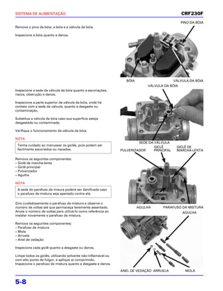 SISTEMA DE ALIMENTAÇÃO                                                                          CRF230F
                                                                                               PINO DA BÓIA
Remova o pino da bóia, a bóia e a válvula da bóia.

Inspecione a bóia quanto a danos.




                                                                  BÓIA                      VÁLVULA DA BÓIA
                                                                             VÁLVULA DA BÓIA
Inspecione a sede da válvula da bóia quanto a escoriações,
riscos, obstrução e danos.

Inspecione a parte superior da válvula da bóia, onde há
contato com a sede da válvula, quanto a desgaste ou
contaminação.

Substitua a válvula da bóia caso sua superfície esteja
desgastada ou contaminada.

Verifique o funcionamento da válvula da bóia.

NOTA
                                                                        SEDE DA VÁLVULA
 Tenha cuidado ao manusear os giclês, pois podem ser
                                                                                GICLÊ        GICLÊ DE
 facilmente escoriados ou riscados.                            PULVERIZADOR     PRINCIPAL    MARCHA-LENTA

Remova os seguintes componentes:
– Giclê de marcha-lenta
– Giclê principal
– Pulverizador
– Agulha

NOTA
 A sede do parafuso da misura poderá ser danificada caso
 o parafuso da mistura seja apertado contra ela.

Gire cuidadosamente o parafuso da mistura e observe o
número de voltas até que permaneça levemente assentado.                  AGULHA      PARAFUSO DA MISTURA
Anote o número de voltas para utilizá-lo como referência ao                                     AGULHA
instalar novamente o parafuso da mistura.

Remova os seguintes componentes:
– Parafuso da mistura
– Mola
– Arruela
– Anel de vedação

Inspecione cada giclê quanto a desgaste ou danos.

Limpe todos os giclês, utilizando solvente não-inflamável ou
com alto ponto de fulgor, e aplique ar comprimido.
Inspecione o parafuso de mistura quanto a desgaste e danos.

                                                               ANEL DE VEDAÇÃO ARRUELA           MOLA


5-8
 