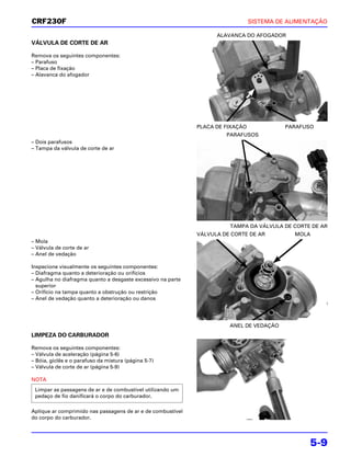 CRF230F                                                                         SISTEMA DE ALIMENTAÇÃO

                                                                   ALAVANCA DO AFOGADOR
VÁLVULA DE CORTE DE AR

Remova os seguintes componentes:
– Parafuso
– Placa de fixação
– Alavanca do afogador




                                                             PLACA DE FIXAÇÃO             PARAFUSO
                                                                      PARAFUSOS
– Dois parafusos
– Tampa da válvula de corte de ar




                                                                       TAMPA DA VÁLVULA DE CORTE DE AR
                                                             VÁLVULA DE CORTE DE AR          MOLA
– Mola
– Válvula de corte de ar
– Anel de vedação

Inspecione visualmente os seguintes componentes:
– Diafragma quanto a deterioração ou orifícios
– Agulha no diafragma quanto a desgaste excessivo na parte
  superior
– Orifício na tampa quanto a obstrução ou restrição
– Anel de vedação quanto a deterioração ou danos




                                                                       ANEL DE VEDAÇÃO
LIMPEZA DO CARBURADOR

Remova os seguintes componentes:
– Válvula de aceleração (página 5-6)
– Bóia, giclês e o parafuso da mistura (página 5-7)
– Válvula de corte de ar (página 5-9)

NOTA
 Limpar as passagens de ar e de combustível utilizando um
 pedaço de fio danificará o corpo do carburador.

Aplique ar comprimido nas passagens de ar e de combustível
do corpo do carburador.




                                                                                                 5-9
 