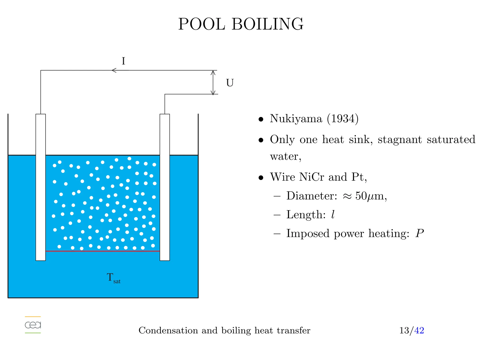 POOL BOILING
6 I = J
7
1
• Nukiyama (1934)
• Only one heat sink, stagnant saturated
water,
• Wire NiCr and Pt,
– Diameter: ≈ 50µm,
– Length: l
– Imposed power heating: P
Condensation and boiling heat transfer 13/42
 