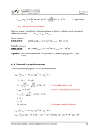 SVEUČILIŠTE U ZAGREBU
GRAĐEVINSKI FAKULTET Ime i Prezime
ZAVOD ZA KONSTRUKCIJE JMBAG
PROGRAM IZ KOLEGIJA BETONSKE I ZIDANE KONSTRUKCIJE 2 35
2cd
s1,max lim
yd
13 33
0 365 100 12 5 13 99 cm /m
434 78
f ,
A b d , , ,
f ,
ω= ⋅ ⋅ ⋅ = ⋅ ⋅ ⋅ = → mjerodavno
– limω varira ovisno o razredu betona
Odabrana armatura mora biti veća od potrebne i mora se nalaziti u području između minimalne i
maksimalne armature: maxs1,provs1,mins1, AAA <<
Glavna armatura:
ODABRANO: 2 2
s1,prov s1,req10/20cm ( =3 93 cm /m) 3 39 cm /mA , A ,φ > =
Razdjelna armatura:
ODABRANO: 2 2
s1,raz,prov s1,raz,req8/25cm ( =2 01cm /m) 1 25 cm /mA , A ,φ > =
Napomena: Proračunatom armaturom za polje armira se i područje spoja podesta i kraka
stubišta.
4.1.4. Dimenzioniranje poprečne armature
– nosivost elementa na poprečne sile bez poprečne armature:
( )
1 3
Rd,c Rd,c l ck 1 cp100
/
V C k f k b dρ σ⎡ ⎤= ⋅ ⋅ ⋅ ⋅ + ⋅ ⋅ ⋅
⎣ ⎦
Rd,c 0 18 1 5 0 12C , / , ,= =
200 200
1 1 2 26 2 0
125
k , ,
d
= + = + = < – d → statička visina u [mm]
2
s1,prov 3 93 cmA ,= – ploština vlačne armature u ploči po m'
s1
1
3 93
0 00314 0 02
100 12 5
A ,
, ,
b d ,
ρ = = = <
⋅ ⋅
1 0 15k ,=
cp 0σ =
1000 mmb = – širina ploče u vlačnom području
( )
1 3
Rd,c Rd,c l ck 1 cp100
/
V C k f k b dρ σ⎡ ⎤= ⋅ ⋅ ⋅ ⋅ + ⋅ ⋅ ⋅
⎣ ⎦
( )
1 3
Rd,c 0 12 2 00 100 0 00314 20 0 15 0 1000 125 55348 7 N 55 35 kN
/
V , , , , , ,⎡ ⎤= ⋅ ⋅ ⋅ ⋅ + ⋅ ⋅ ⋅ = =
⎣ ⎦
 