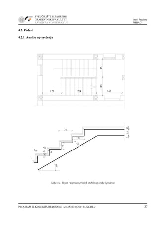 SVEUČILIŠTE U ZAGREBU
GRAĐEVINSKI FAKULTET Ime i Prezime
ZAVOD ZA KONSTRUKCIJE JMBAG
PROGRAM IZ KOLEGIJA BETONSKE I ZIDANE KONSTRUKCIJE 2 37
2
30°
33133
2
16
28
15
31
21533
123 224 162
115115
4.2. Podest
4.2.1. Analiza opterećenja
Slika 4.3. Tlocrt i poprečni presjek stubišnog kraka i podesta
 