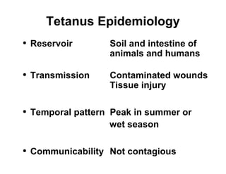 Tetanus Epidemiology 
• Reservoir Soil and intestine of 
animals and humans 
• Transmission Contaminated wounds 
Tissue injury 
• Temporal pattern Peak in summer or 
wet season 
• Communicability Not contagious 
 