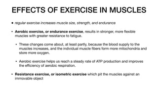 EFFECTS OF EXERCISE IN MUSCLES
• regular exercise increases muscle size, strength, and endurance
• Aerobic exercise, or endurance exercise, results in stronger, more
fl
exible
muscles with greater resistance to fatigue.
• These changes come about, at least partly, because the blood supply to the
muscles increases, and the individual muscle
fi
bers form more mitochondria and
store more oxygen.
• Aerobic exercise helps us reach a steady rate of ATP production and improves
the e
ffi
ciency of aerobic respiration.
• Resistance exercise, or isometric exercise which pit the muscles against an
immovable object
 