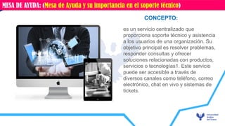 es un servicio centralizado que
proporciona soporte técnico y asistencia
a los usuarios de una organización. Su
objetivo principal es resolver problemas,
responder consultas y ofrecer
soluciones relacionadas con productos,
servicios o tecnologías1. Este servicio
puede ser accesible a través de
diversos canales como teléfono, correo
electrónico, chat en vivo y sistemas de
tickets.
CONCEPTO:
MESA DE AYUDA: (Mesa de Ayuda y su importancia en el soporte técnico)
 