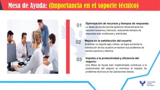 APLICACIONES DEL WIFI
01
02
03
Optimización de recursos y tiempos de respuesta:
La Mesa de Ayuda permite gestionar eficientemente los
recursos humanos y técnicos, reduciendo tiempos de
respuesta ante incidencias y solicitudes.
Mejora en la satisfacción del usuario:
Al brindar un soporte ágil y eficaz, se logra aumentar la
satisfacción de los usuarios al resolver sus problemas de
manera oportuna y efectiva.
Impulso a la productividad y eficiencia del
negocio:
Una Mesa de Ayuda bien implementada contribuye a la
productividad del negocio al minimizar el impacto de
problemas técnicos en las operaciones diarias.
Mesa de Ayuda: (Importancia en el soporte técnico)
 