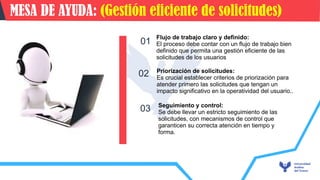 APLICACIONES DEL WIFI
01
02
03
Flujo de trabajo claro y definido:
El proceso debe contar con un flujo de trabajo bien
definido que permita una gestión eficiente de las
solicitudes de los usuarios
Priorización de solicitudes:
Es crucial establecer criterios de priorización para
atender primero las solicitudes que tengan un
impacto significativo en la operatividad del usuario..
Seguimiento y control:
Se debe llevar un estricto seguimiento de las
solicitudes, con mecanismos de control que
garanticen su correcta atención en tiempo y
forma.
MESA DE AYUDA: (Gestión eficiente de solicitudes)
 