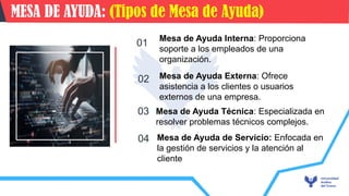01
02
Mesa de Ayuda Interna: Proporciona
soporte a los empleados de una
organización.
Mesa de Ayuda Externa: Ofrece
asistencia a los clientes o usuarios
externos de una empresa.
03
04
Mesa de Ayuda Técnica: Especializada en
resolver problemas técnicos complejos.
Mesa de Ayuda de Servicio: Enfocada en
la gestión de servicios y la atención al
cliente
APLICACIONES DEL WIFI
MESA DE AYUDA: (Tipos de Mesa de Ayuda)
 