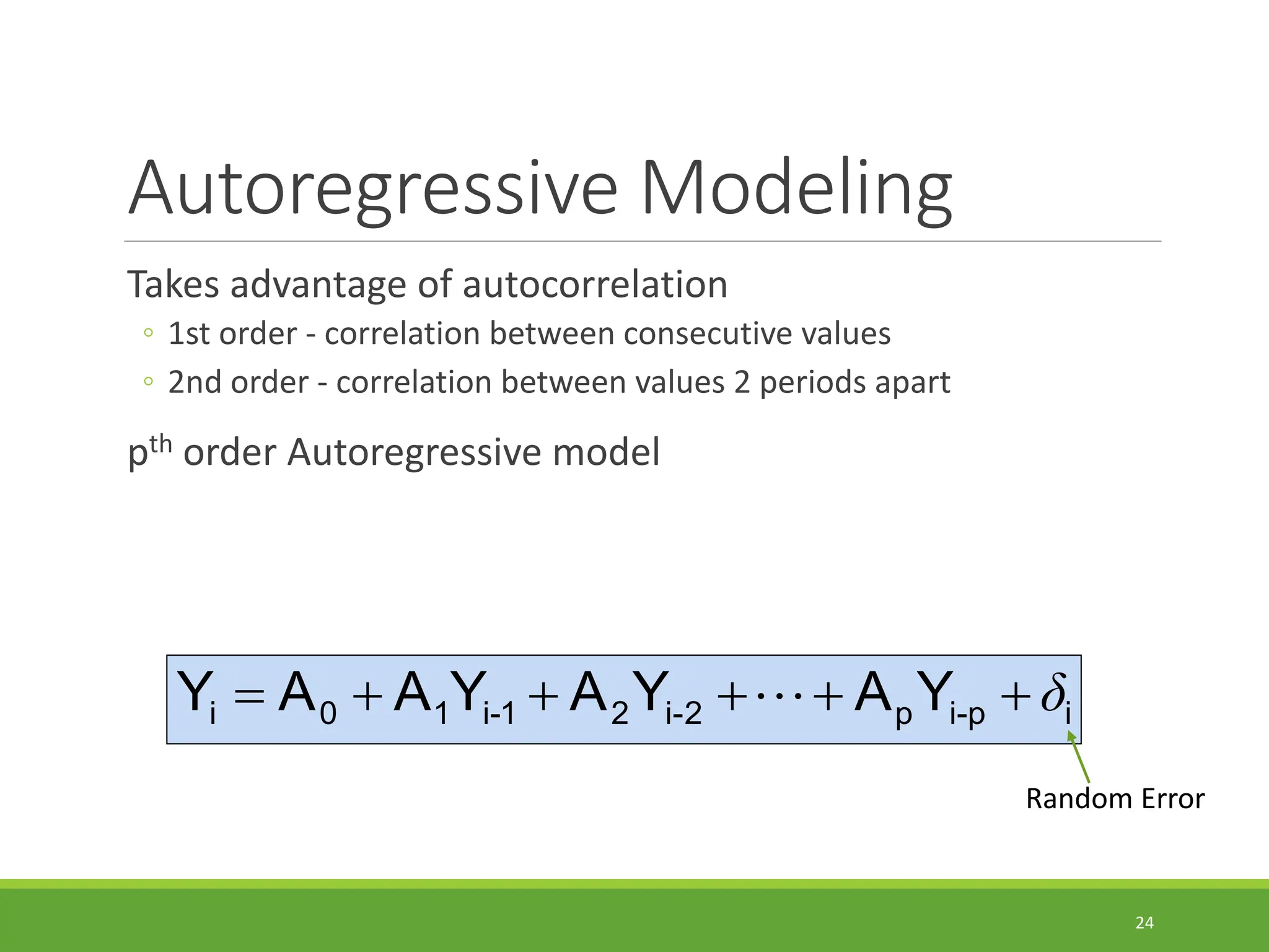 Autoregressive Modeling Takes advantage of autocorrelation ◦ 1st order - correlation between consecutive values ◦ 2nd order - correlation between values 2 periods apart pth order Autoregressive model 24 i p - i p 2 - i 2 1 - i 1 0 i Y A Y A Y A A Y δ        Random Error 