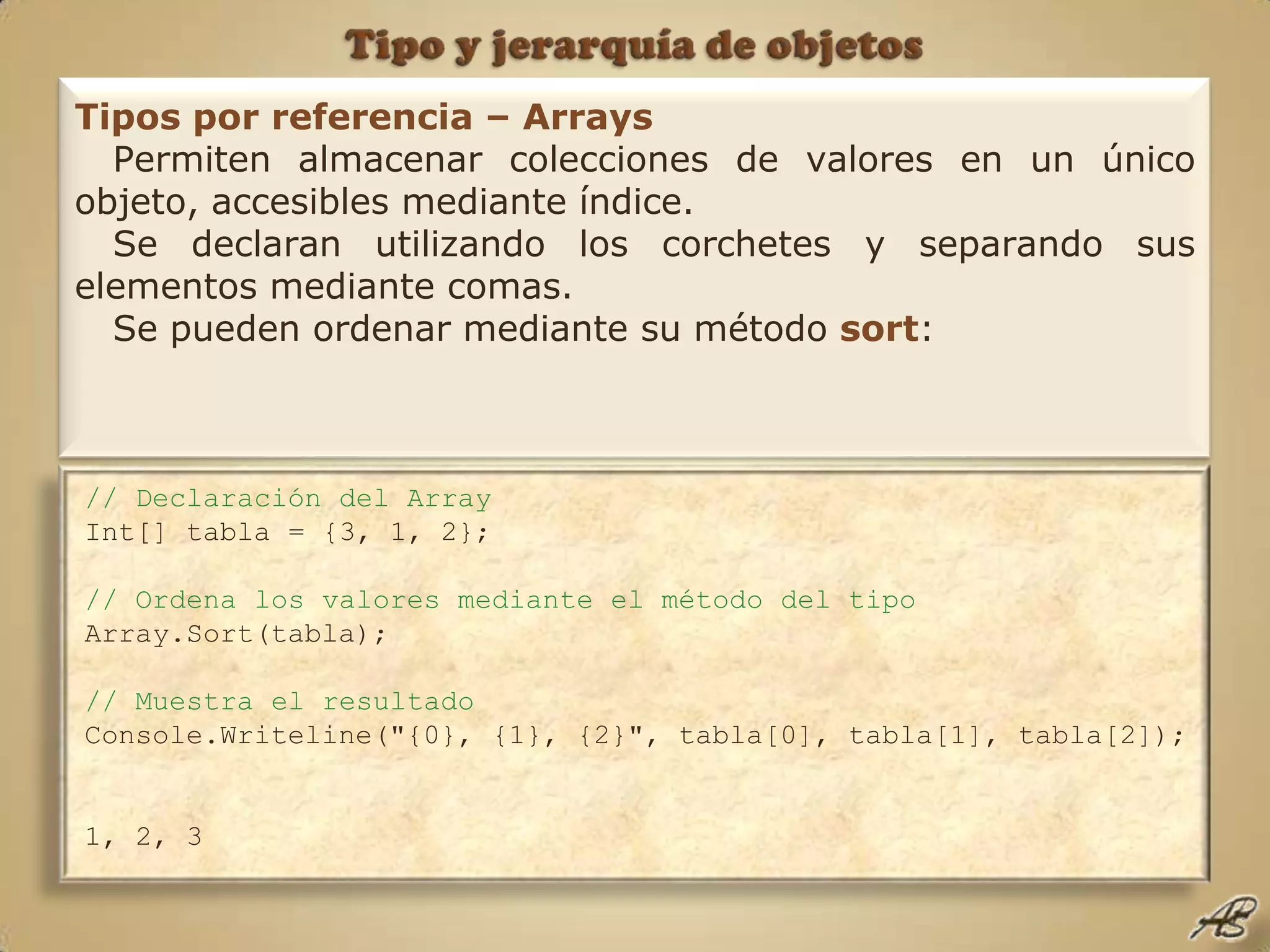 Tipo y jerarquía de objetos// Declaración del ArrayInt[] tabla = {3, 1, 2};// Ordena los valores mediante el método del tipoArray.Sort(tabla);// Muestra el resultadoConsole.Writeline("{0}, {1}, {2}", tabla[0], tabla[1], tabla[2]);1, 2, 3Tipos por referencia – ArraysPermiten almacenar colecciones de valores en un único objeto, accesibles mediante índice.Se declaran utilizando los corchetes y separando sus elementos mediante comas.Se pueden ordenar mediante su método sort: