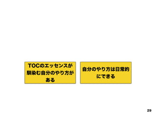 TOCのエッセンスが
馴染む自分のやり方が
ある
自分のやり方は日常的
にできる
29
 
