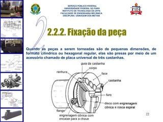  
                        SERVIÇO PÚBLICO FEDERAL
                     UNIVERSIDADE FEDERAL DO PARÁ
                   INSTITUTO DE TECNOLOGIA DA UFPA
                  FACULDADE DE ENGENHARIA MECÂNICA
                    DISCIPLINA: USINAGEM DOS METAIS




           2.2.2. Fixação da peça
Quando as peças a serem torneadas são de pequenas dimensões, de
formato cilíndrico ou hexagonal regular, elas são presas por meio de um
acessório chamado de placa universal de três castanhas.




                                                                 22
 