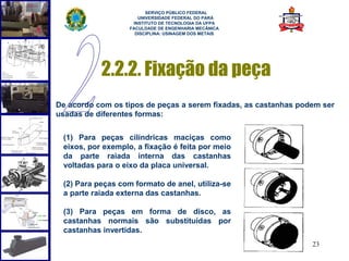  
                         SERVIÇO PÚBLICO FEDERAL
                      UNIVERSIDADE FEDERAL DO PARÁ
                    INSTITUTO DE TECNOLOGIA DA UFPA
                   FACULDADE DE ENGENHARIA MECÂNICA
                     DISCIPLINA: USINAGEM DOS METAIS




           2.2.2. Fixação da peça
De acordo com os tipos de peças a serem fixadas, as castanhas podem ser
usadas de diferentes formas:


 (1) Para peças cilíndricas maciças como
 eixos, por exemplo, a fixação é feita por meio
 da parte raiada interna das castanhas
 voltadas para o eixo da placa universal.

 (2) Para peças com formato de anel, utiliza-se
 a parte raiada externa das castanhas.

 (3) Para peças em forma de disco, as
 castanhas normais são substituídas por
 castanhas invertidas.
                                                                 23
 