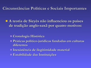 Circunstâncias Políticas e Sociais Importantes A teoria de Sieyès não influenciou os países de tradição anglo-saxã por quatro motivos: Cronologia Histórica Práticas político-jurídicas fundadas em culturas diferentes Inexistência de ilegitimidade material Estabilidade das Instituições 