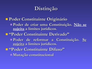 Distinção Poder Constituinte Originário Poder de criar uma Constituição.  Não se sujeita  a limites jurídicos. “ Poder Constituinte Derivado” Poder de reformar a Constituição.  Se sujeita  a limites jurídicos. “ Poder Constituinte Difuso” Mutação constitucional 