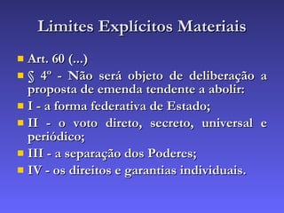 Limites Explícitos Materiais Art. 60 (...)  § 4º - Não será objeto de deliberação a proposta de emenda tendente a abolir:  I - a forma federativa de Estado;  II - o voto direto, secreto, universal e periódico;  III - a separação dos Poderes;  IV - os direitos e garantias individuais. 