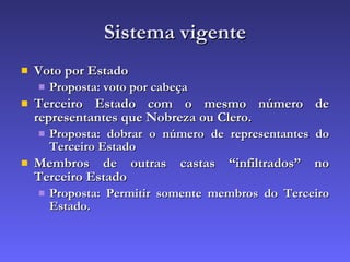 Sistema vigente Voto por Estado Proposta: voto por cabeça Terceiro Estado com o mesmo número de representantes que Nobreza ou Clero. Proposta: dobrar o número de representantes do Terceiro Estado Membros de outras castas “infiltrados” no Terceiro Estado Proposta: Permitir somente membros do Terceiro Estado. 