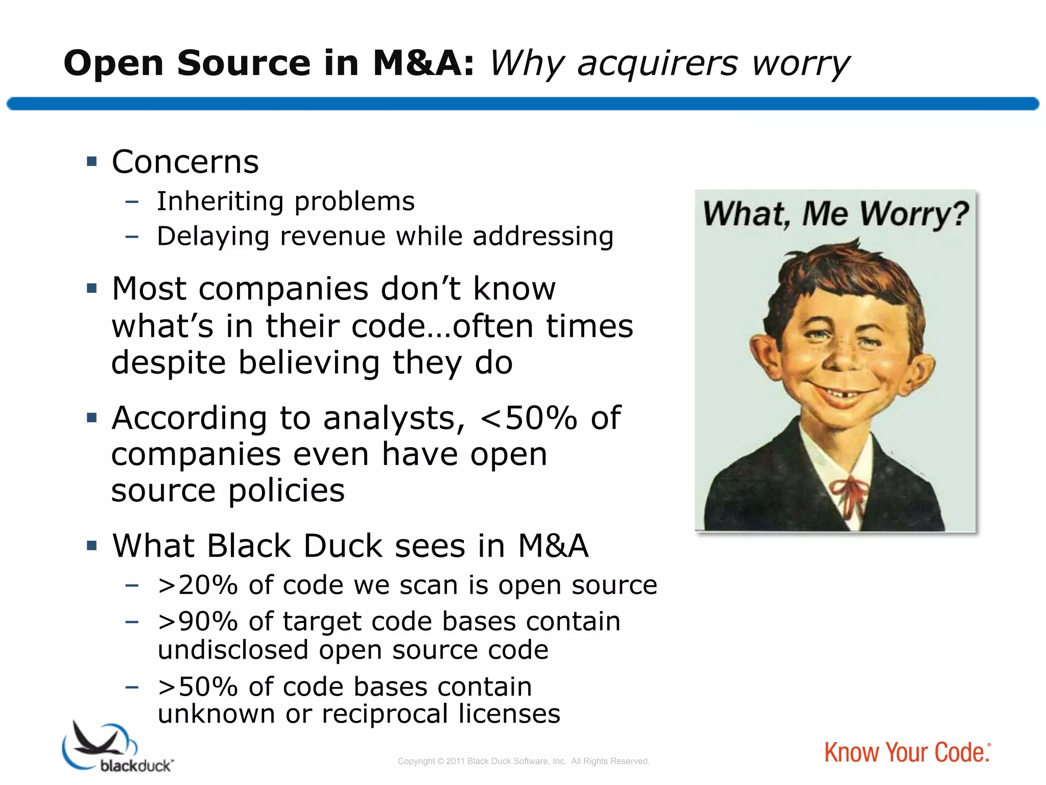 Open Source in M&A: Why acquirers worry

   Concerns
   –  Inheriting problems
   –  Delaying revenue while addressing

   Most companies don’t know
    what’s in their code…often times
    despite believing they do
   According to analysts, <50% of
    companies even have open
    source policies
   What Black Duck sees in M&A
   –  >20% of code we scan is open source
   –  >90% of target code bases contain
      undisclosed open source code
   –  >50% of code bases contain
      unknown or reciprocal licenses
                       Copyright © 2011 Black Duck Software, Inc. All Rights Reserved.
 