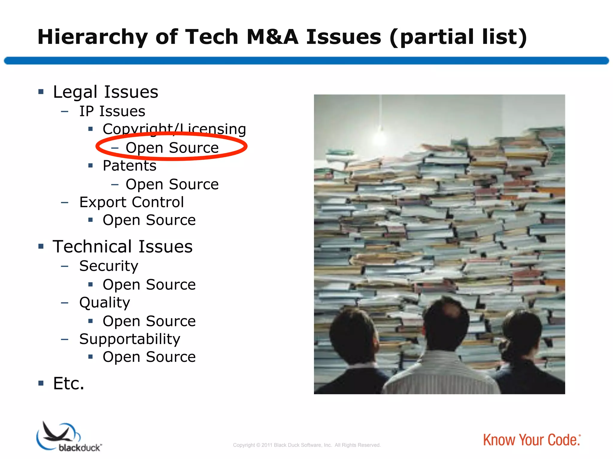 Hierarchy of Tech M&A Issues (partial list)

  Legal Issues
   –  IP Issues
         Copyright/Licensing
           –  Open Source
         Patents
           –  Open Source
   –  Export Control
         Open Source
  Technical Issues
   –  Security
         Open Source
   –  Quality
         Open Source
   –  Supportability
         Open Source
  Etc.


                           Copyright © 2011 Black Duck Software, Inc. All Rights Reserved.
 