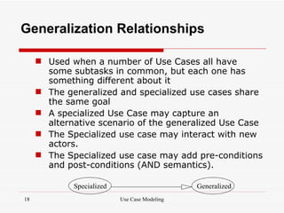 Generalization Relationships

      Used when a number of Use Cases all have
       some subtasks in common, but each one has
       something different about it
      The generalized and specialized use cases share
       the same goal
      A specialized Use Case may capture an
       alternative scenario of the generalized Use Case
      The Specialized use case may interact with new
       actors.
      The Specialized use case may add pre-conditions
       and post-conditions (AND semantics).

             Specialized                       Generalized
18                         Use Case Modeling
 