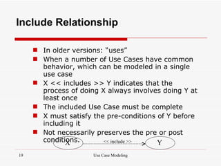 Include Relationship

      In older versions: “uses”
      When a number of Use Cases have common
       behavior, which can be modeled in a single
       use case
      X << includes >> Y indicates that the
       process of doing X always involves doing Y at
       least once
      The included Use Case must be complete
      X must satisfy the pre-conditions of Y before
       including it
      Not necessarily preserves the pre or post
       conditions.
              X          << include >>   Y
19                    Use Case Modeling
 