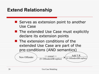 Extend Relationship

      Serves as extension point to another
       Use Case
      The extended Use Case must explicitly
       declare its extension points
      The extension conditions of the
       extended Use Case are part of the
       pre-conditions (AND semantics)
                            << extend >>               Add T.R.
       New Offender                              (9: OffendersDB replies)
                      (9: OffendersDB replies)



20                      Use Case Modeling
 