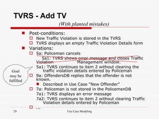 TVRS - Add TV
                          (With planted mistakes)
         Post-conditions:
             New Traffic Violation is stored in the TVRS
             TVRS displays an empty Traffic Violation Details form
         Variations:
             5a: Policeman cancels
                  5a1: TVRS shows error message and closes Traffic
              Violation              Management window.
              5a1: TVRS continues to item 2 without clearing the
  Goal            traffic violation details entered by Policeman
may be       9a: OffendersDB replies that the offender is not
fulfilled     known.
               Described in Use Case “New Offender”
             7a: Policeman is not stored in the PolicemenDB
              7a1: TVRS displays an error message
              7a2: TVRS continues to item 2 without clearing Traffic
                  Violation details entered by Policeman
             ...
  29                          Use Case Modeling
 