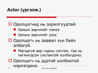 Actor (үргэлж.)


 Оролцогчид нь зорилгуудтай:
   Замын зөрчлийг нэмэх
   Замын зөрчлийг үзэх
 Оролцогч нь заавал хүн байх
  албагүй.
   Магадгүй өөр гадны систем, тэр нь
    хөгжигдсэн системтэй холбогдоно.
 Оролцогч нь дүртэй холбоотой
9
  нэрлэгдэнэ. Use Case Modeling
 
