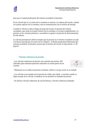 Departamento de Diseño Mecánico
                                                              Sistemas Oleohidráulicos




para que el caudal pueda pasar del sistema secundario al primario.

En la válvula tipo X, el centro de la corredera es macizo y la cámara del resorte, situada
en la parte superior de la corredera, está en comunicación con el orificio de drenaje.

Cuando la válvula se abre al llegar al taraje del resorte, la presión del sistema
secundario, que actúa en la parte inferior de la corredera, se levanta completamente. La
presión, en los sistemas primario y secundario se iguala a la presión de funcionamiento
de éste último.

La válvula permanecerá abierta siempre que la presión en el sistema secundario exceda
a la fuerza ejercida por el resorte de la corredera. El fluido puede pasar libremente del
sistema secundario al primario, puesto que la tensión del resorte es equivalente a 1,40
Kg/cm2.




       Válvulas reductoras de presión.

- Las válvulas reductoras de presión son controles de presión, NO,
utilizados para mantener presiones reducidas en ciertas partes de un
circuito.

- Mantienen en su salida una presión constante, inferior a la que existe en su entrada.

- Las válvulas son actuadas por la presión de salida, que tiende a cerrarlas cuando se
llega al taraje de la válvula, evitándose así un aumento no deseado de presión.

- Se utilizan válvulas reductoras de acción directa y válvulas reductoras pilotadas.




wojeda@fing.edu.uy                                                                 15
 