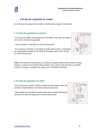 Departamento de Diseño Mecánico
                                                               Sistemas Oleohidráulicos




       Válvulas de regulación de caudal
Las válvulas de regulación de caudal se utilizan para regular la velocidad.



1- Circuito de regulación a la entrada:

- El exceso de caudal suministrado por la bomba es desviado al tanque a
través de la válvula de seguridad.

- Acá el caudal es controlado en una sola dirección.

- Si se desease controlar la velocidad en ambas direcciones, el regulador
de caudal podría instalarse a la salida de la bomba, antes de la válvula
de control direccional.



Nota: éste método es muy preciso y se utiliza en aquellas aplicaciones donde la carga
siempre se opone al movimiento del actuador, tales como la elevación de un cilindro
vertical con carga, o empujar una carga a una velocidad controlada.




2- Circuito de regulación a la salida:

- Este sistema de control se utiliza cuando la carga tiende a huir del
actuador, desplazándose en la misma dirección que éste.

- Para regular la velocidad en ambas direcciones puede instalarse la
válvula en la línea de tanque de la válvula direccional.




wojeda@fing.edu.uy                                                                 23
 