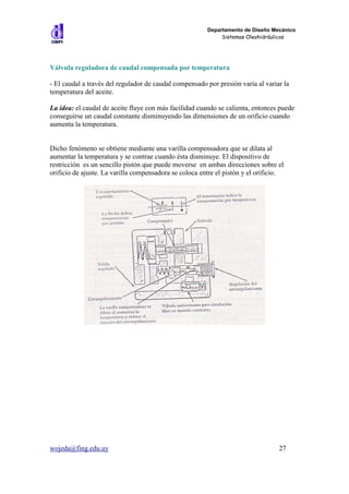 Departamento de Diseño Mecánico
                                                             Sistemas Oleohidráulicos




Válvula reguladora de caudal compensada por temperatura

- El caudal a través del regulador de caudal compensado por presión varía al variar la
temperatura del aceite.

La idea: el caudal de aceite fluye con más facilidad cuando se calienta, entonces puede
conseguirse un caudal constante disminuyendo las dimensiones de un orificio cuando
aumenta la temperatura.


Dicho fenómeno se obtiene mediante una varilla compensadora que se dilata al
aumentar la temperatura y se contrae cuando ésta disminuye. El dispositivo de
restricción es un sencillo pistón que puede moverse en ambas direcciones sobre el
orificio de ajuste. La varilla compensadora se coloca entre el pistón y el orificio.




wojeda@fing.edu.uy                                                                27
 