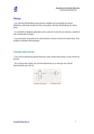 Departamento de Diseño Mecánico
                                                              Sistemas Oleohidráulicos




Pilotaje.
- Las válvulas distribuidoras para mayores caudales son accionadas de manera
hidráulica, utilizando muchas de ellas como piloto válvulas distribuidoras de menor
porte.

- La corredera se desplaza aplicando aceite a presión en uno de sus extremos, estando el
otro comunicado al tanque.

- Las conexiones de presión de la válvula piloto se hacen a través de la placa base. Este
modelo es pilotado eléctricamente.




Valvulas antirretorno.

- Una válvula antirretorno puede funcionar como control direccional o como control de
presión.

- En su forma más simple, una válvula antirretorno no es más que una válvula
direccional de una sola vía.




wojeda@fing.edu.uy                                                                 7
 