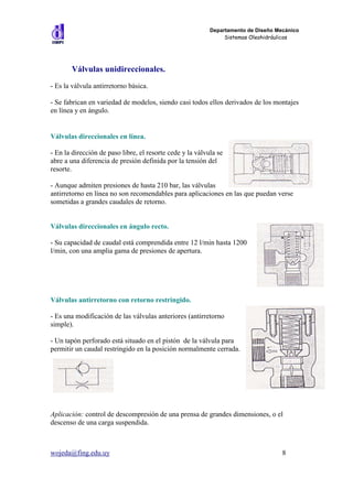 Departamento de Diseño Mecánico
                                                                Sistemas Oleohidráulicos




       Válvulas unidireccionales.
- Es la válvula antirretorno básica.

- Se fabrican en variedad de modelos, siendo casi todos ellos derivados de los montajes
en línea y en ángulo.


Válvulas direccionales en línea.

- En la dirección de paso libre, el resorte cede y la válvula se
abre a una diferencia de presión definida por la tensión del
resorte.

- Aunque admiten presiones de hasta 210 bar, las válvulas
antirretorno en línea no son recomendables para aplicaciones en las que puedan verse
sometidas a grandes caudales de retorno.


Válvulas direccionales en ángulo recto.

- Su capacidad de caudal está comprendida entre 12 l/min hasta 1200
l/min, con una amplia gama de presiones de apertura.




Válvulas antirretorno con retorno restringido.

- Es una modificación de las válvulas anteriores (antirretorno
simple).

- Un tapón perforado está situado en el pistón de la válvula para
permitir un caudal restringido en la posición normalmente cerrada.




Aplicación: control de descompresión de una prensa de grandes dimensiones, o el
descenso de una carga suspendida.



wojeda@fing.edu.uy                                                                  8
 