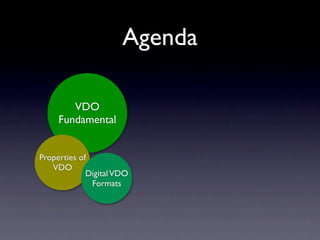Agenda

        VDO
     Fundamental


Properties of
   VDO
             Digital VDO
              Formats
 