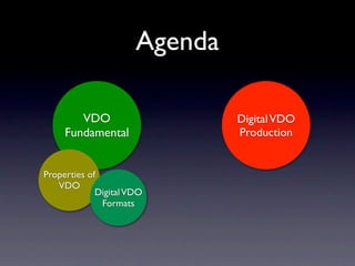 Agenda

        VDO                    Digital VDO
     Fundamental               Production


Properties of
   VDO
             Digital VDO
              Formats
 
