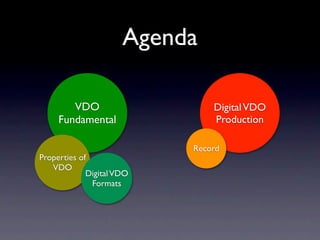 Agenda

        VDO                    Digital VDO
     Fundamental               Production

                           Record
Properties of
   VDO
             Digital VDO
              Formats
 